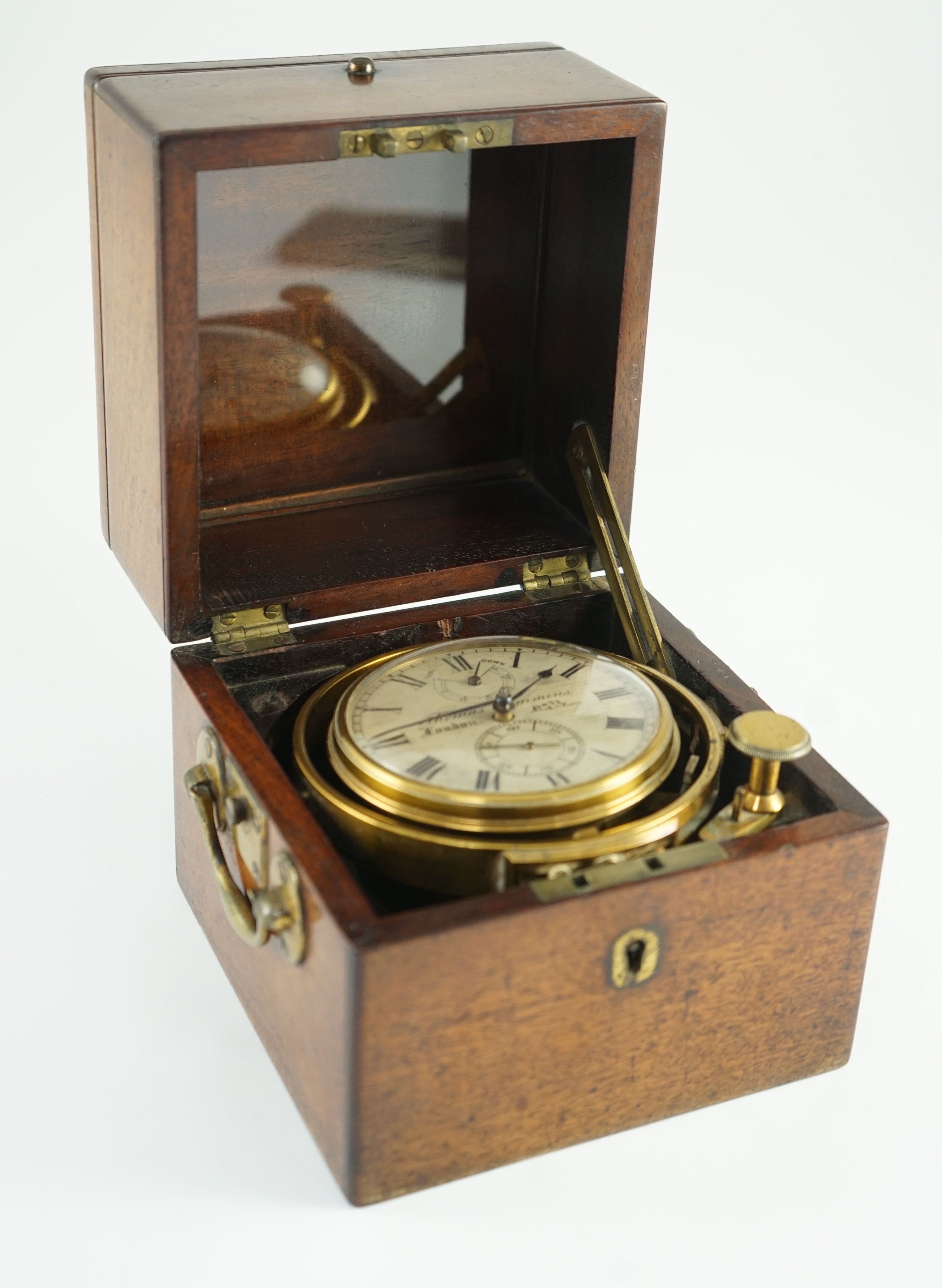 Thomas Cummins of London. A mid 19th century mahogany cased thirty six hour marine chronometer, width 14.5cm, depth 14.5cm, height 15cm